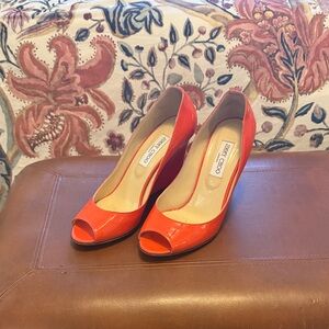 Jimmy Choo Bexan Orange Patent Peep Toe Heels